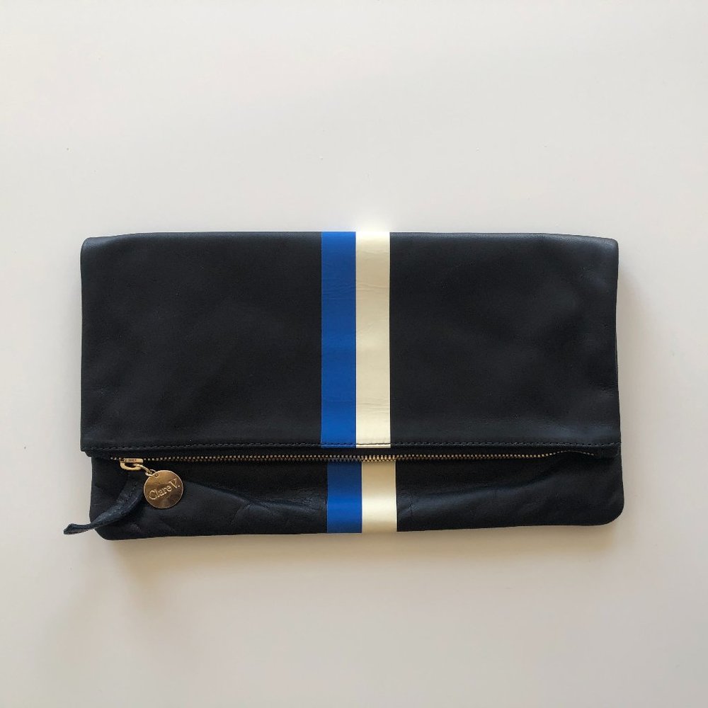 Clare Vivier Foldover Clutch - Black/Royal Blue/Cream - Picture 1 of 4